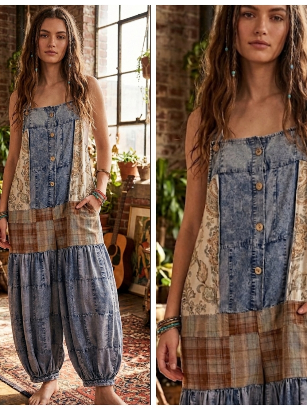 Boho Patchwork Denim Overalls with Plaid & Floral Panels